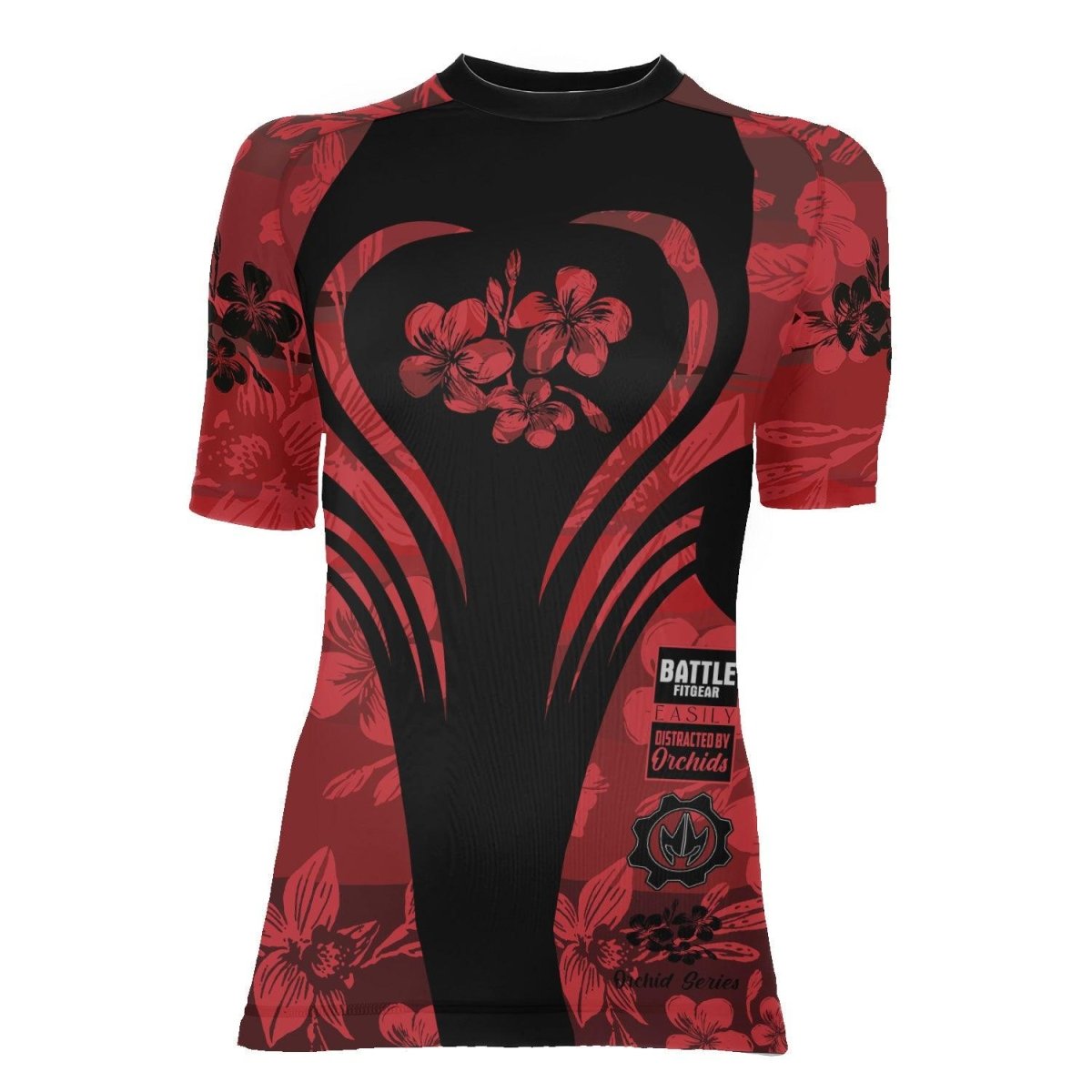 Orchid Series Floral Red Heart Pattern Women's Short Sleeve Rash Guard - BattleFitGear