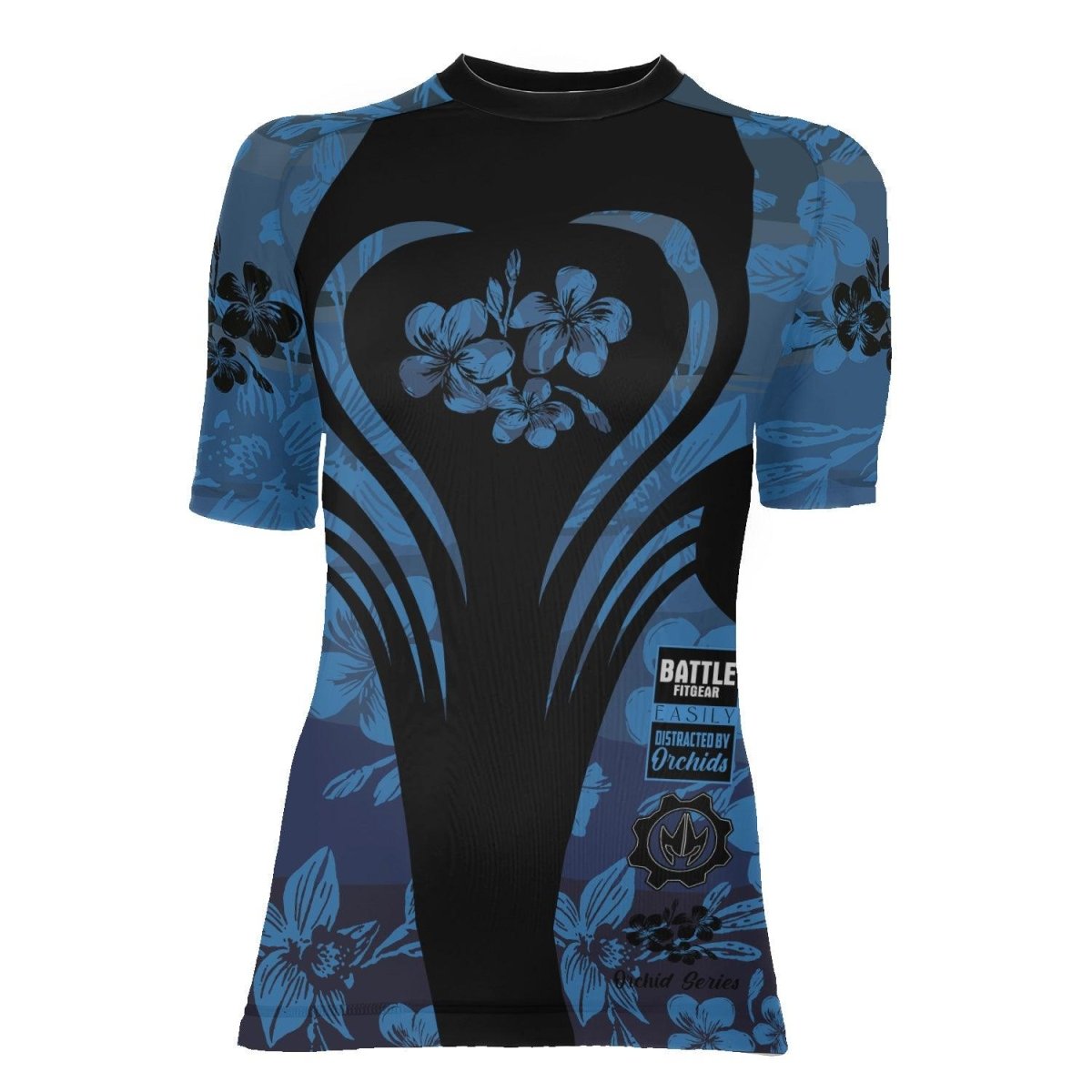 Orchid Series Floral Blue Heart Pattern Women's Short Sleeve Rash Guard - BattleFitGear