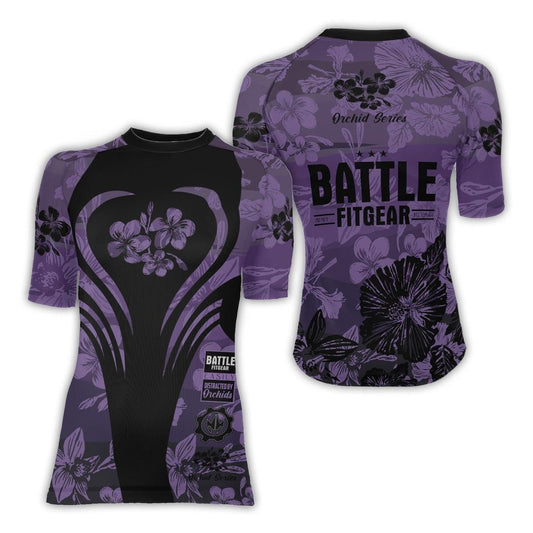 Orchid Series Floral Violet Heart Pattern Women's Short Sleeve Rash Guard - BattleFitGear