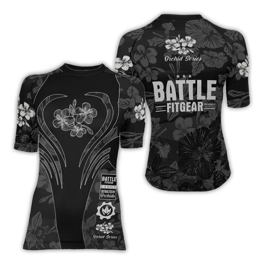 Orchid Series Floral Black Heart Pattern Women's Short Sleeve Rash Guard - BattleFitGear