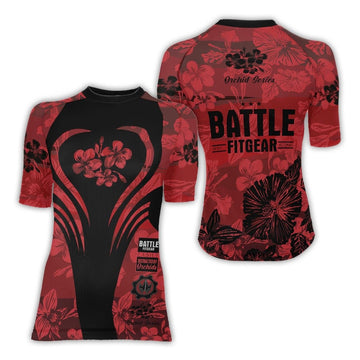 Orchid Series Floral Red Heart Pattern Women's Short Sleeve Rash Guard - BattleFitGear