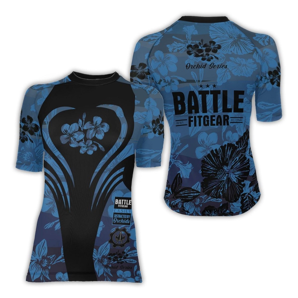 Orchid Series Floral Blue Heart Pattern Women's Short Sleeve Rash Guard - BattleFitGear