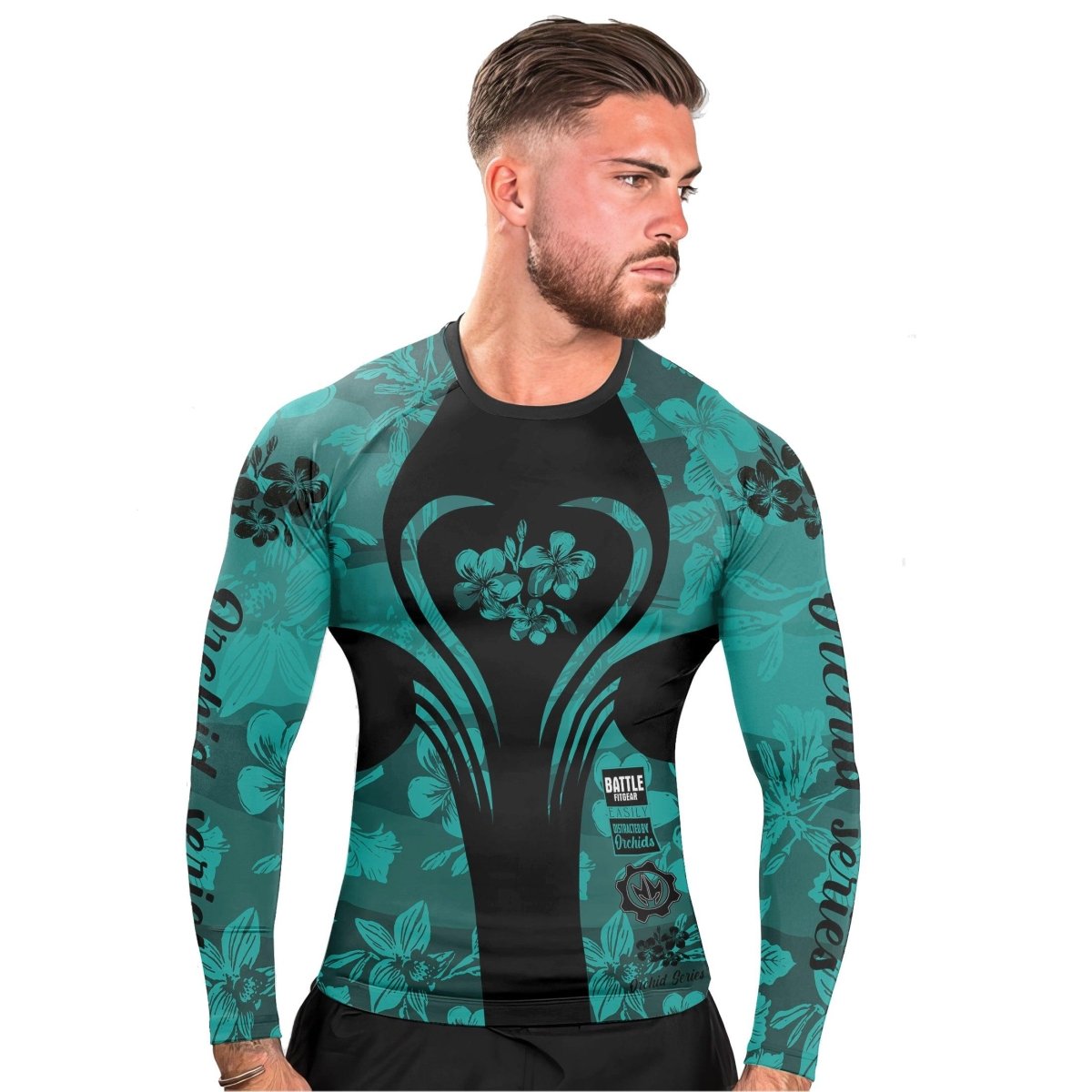 Orchid Series Teal Heart Pattern Men's Long Sleeve Rash Guard - BattleFitGear