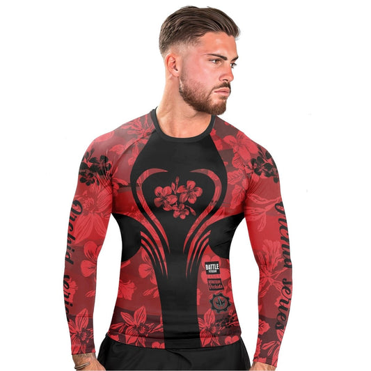 Orchid Series Floral Red Heart Pattern Men's Long Sleeve Rash Guard - BattleFitGear