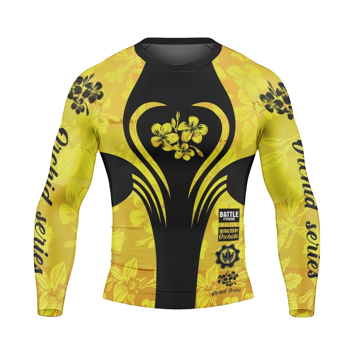 Orchid Series Floral Yellow Heart Pattern Men's Long Sleeve Rash Guard - BattleFitGear