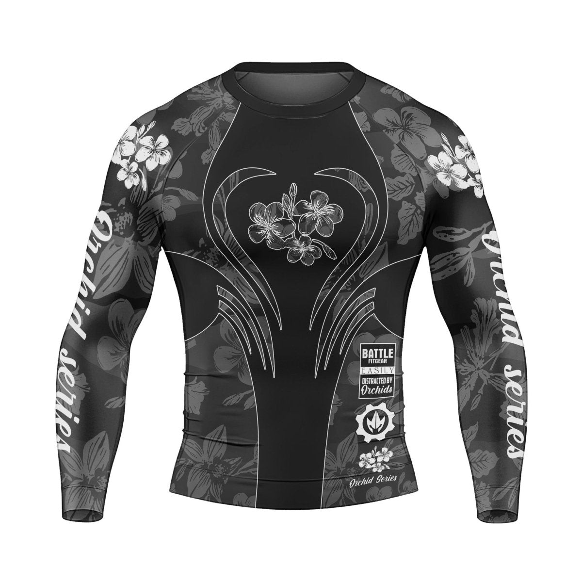 Orchid Series Floral Black Heart Pattern Men's Long Sleeve Rash Guard - BattleFitGear