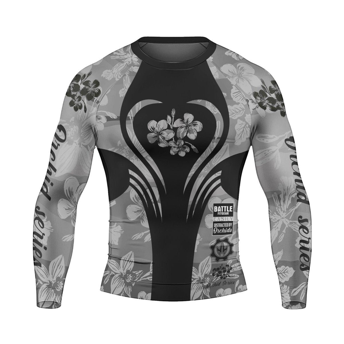 Orchid Series Floral Grey Heart Pattern Men's Long Sleeve Rash Guard - BattleFitGear