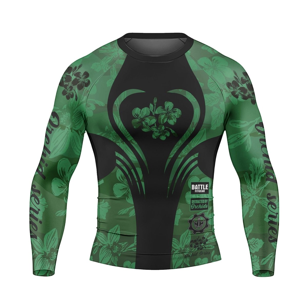 Orchid Series Floral Green Heart Pattern Men's Long Sleeve Rash Guard - BattleFitGear