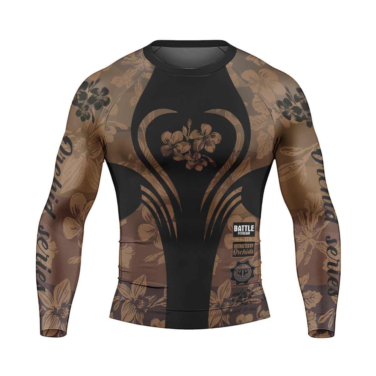 Orchid Series Floral Brown Heart Pattern Men's Long Sleeve Rash Guard - BattleFitGear