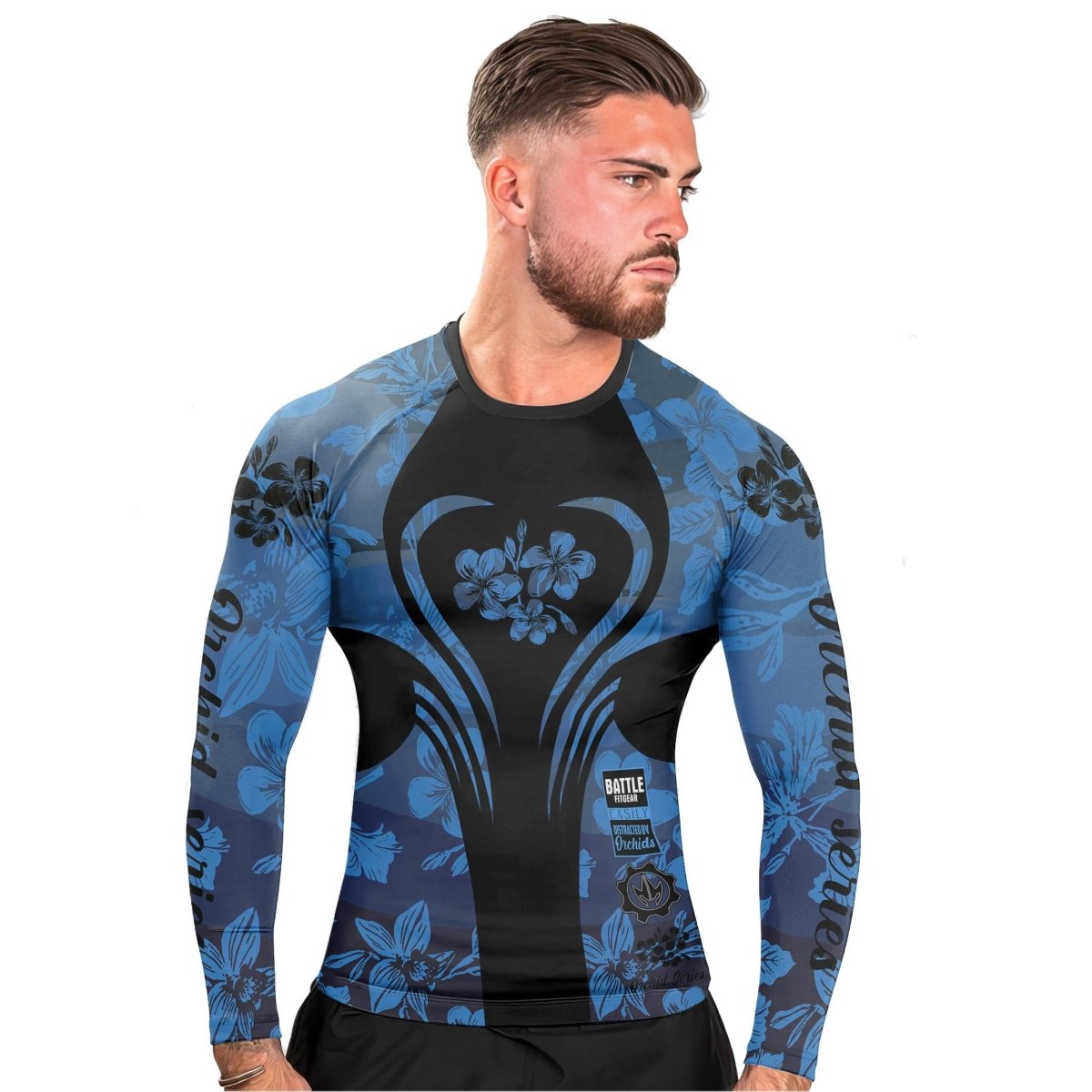 Orchid Series Floral Blue Heart Pattern Men's Long Sleeve Rash Guard - BattleFitGear