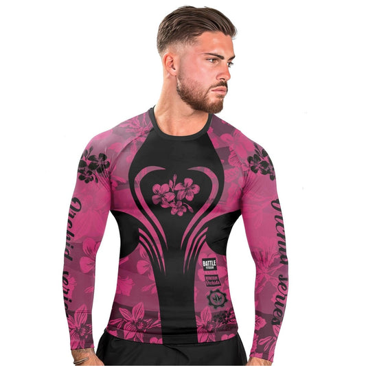 Orchid Series Floral Pink Heart Pattern Men's Long Sleeve Rash Guard - BattleFitGear