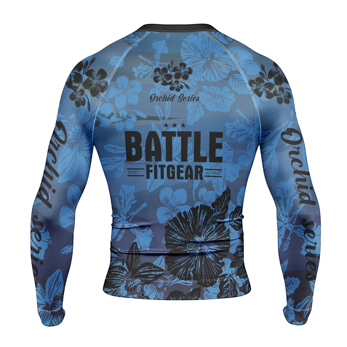 Orchid Series Floral Blue Heart Pattern Men's Long Sleeve Rash Guard - BattleFitGear