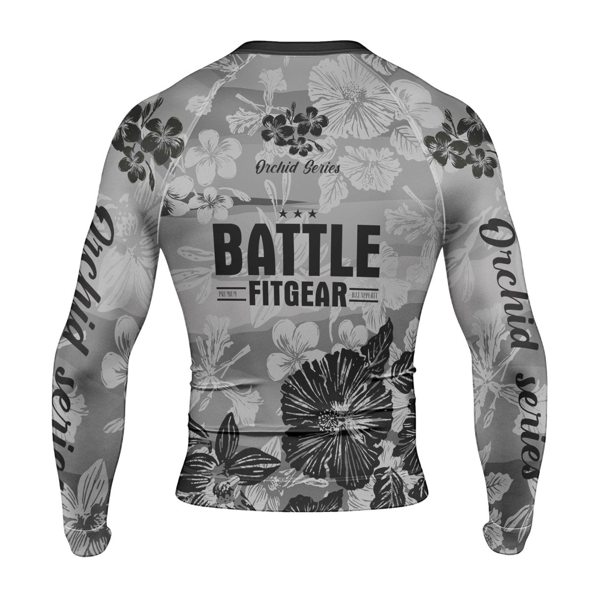 Orchid Series Floral Grey Heart Pattern Men's Long Sleeve Rash Guard - BattleFitGear