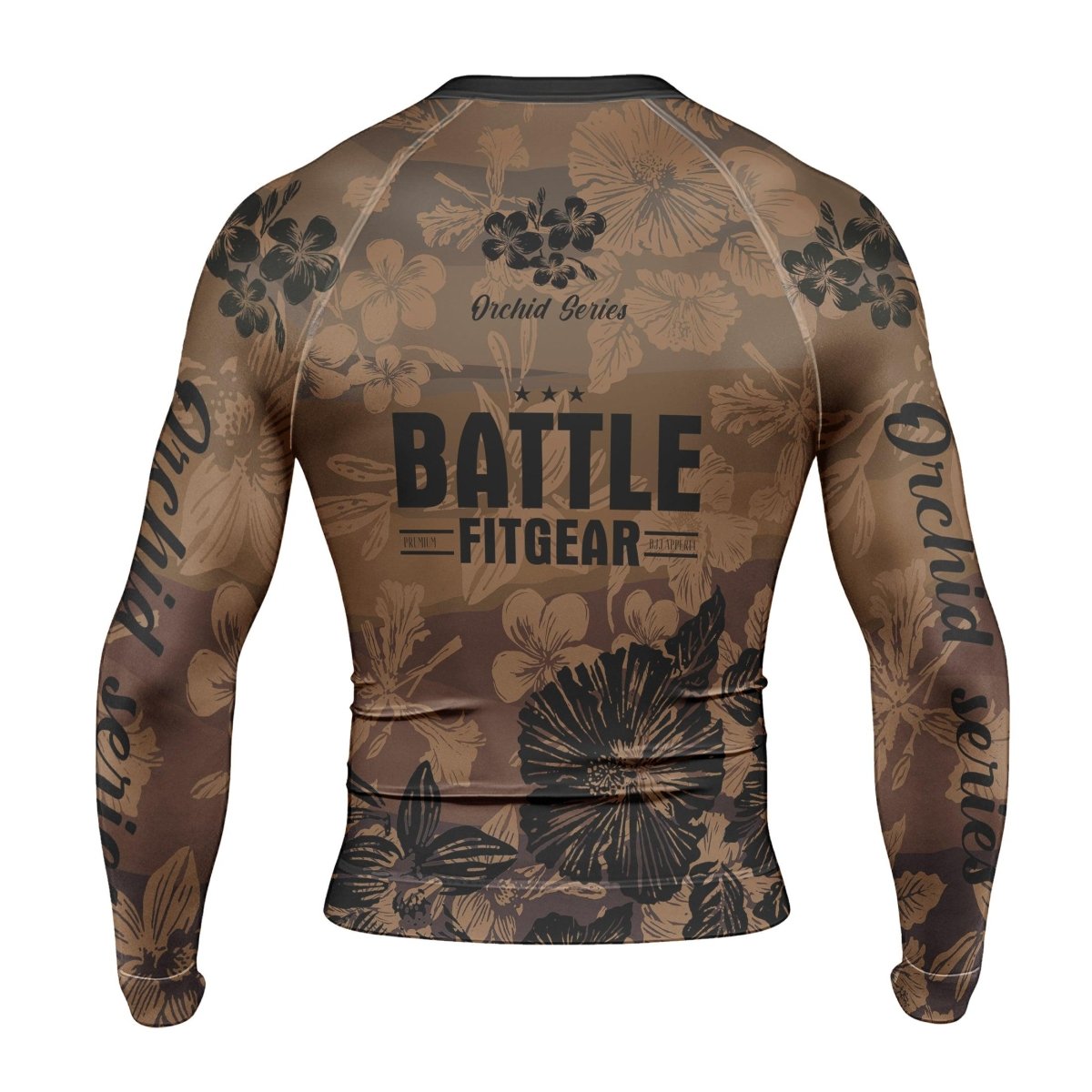 Orchid Series Floral Brown Heart Pattern Men's Long Sleeve Rash Guard - BattleFitGear