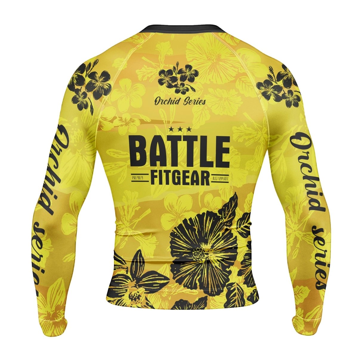 Orchid Series Floral Yellow Heart Pattern Men's Long Sleeve Rash Guard - BattleFitGear