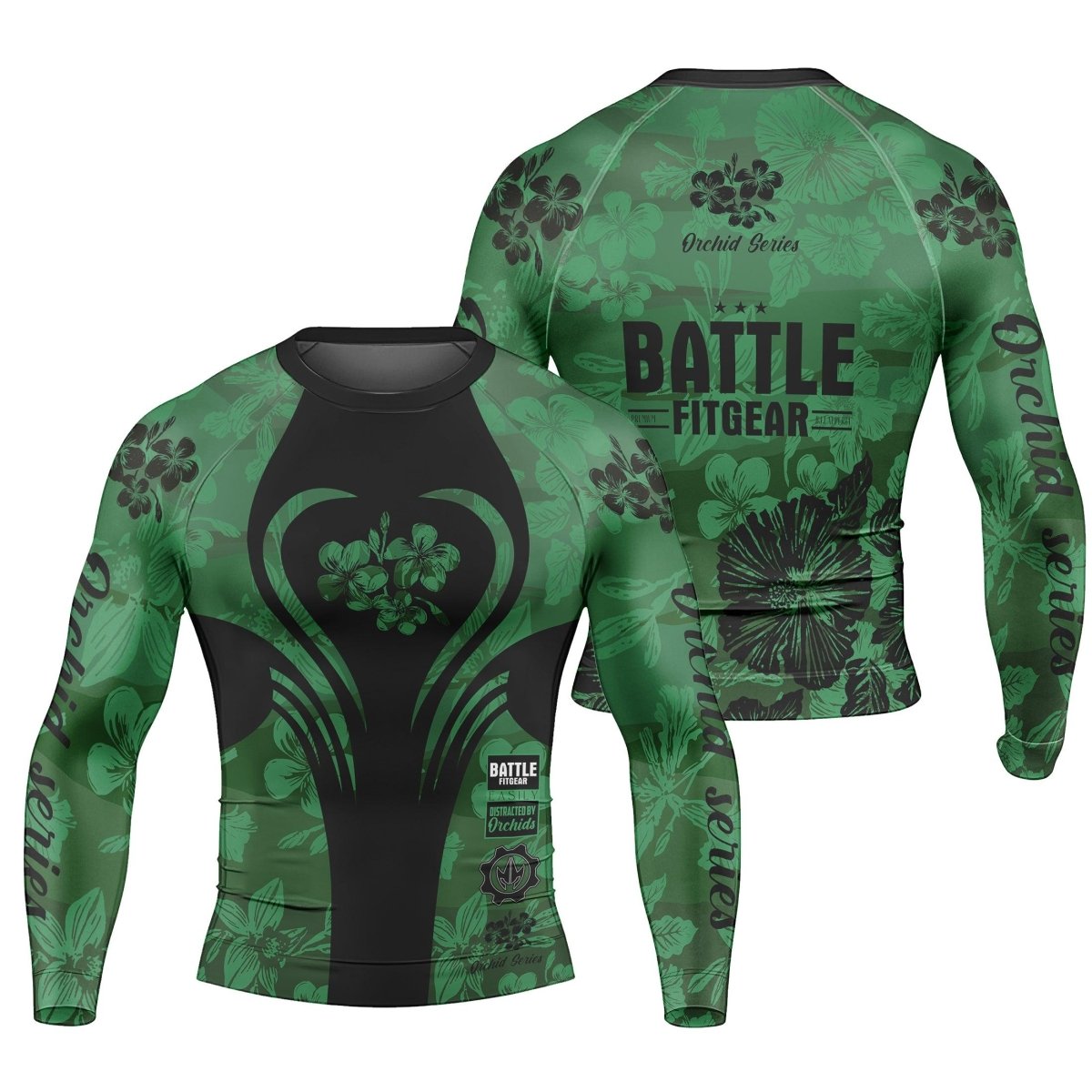 Orchid Series Floral Green Heart Pattern Men's Long Sleeve Rash Guard - BattleFitGear