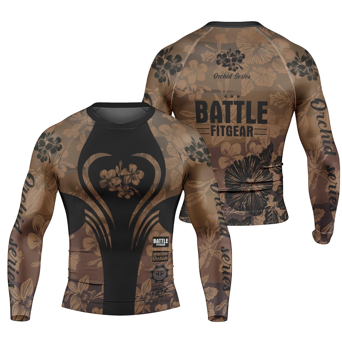 Orchid Series Floral Brown Heart Pattern Men's Long Sleeve Rash Guard - BattleFitGear