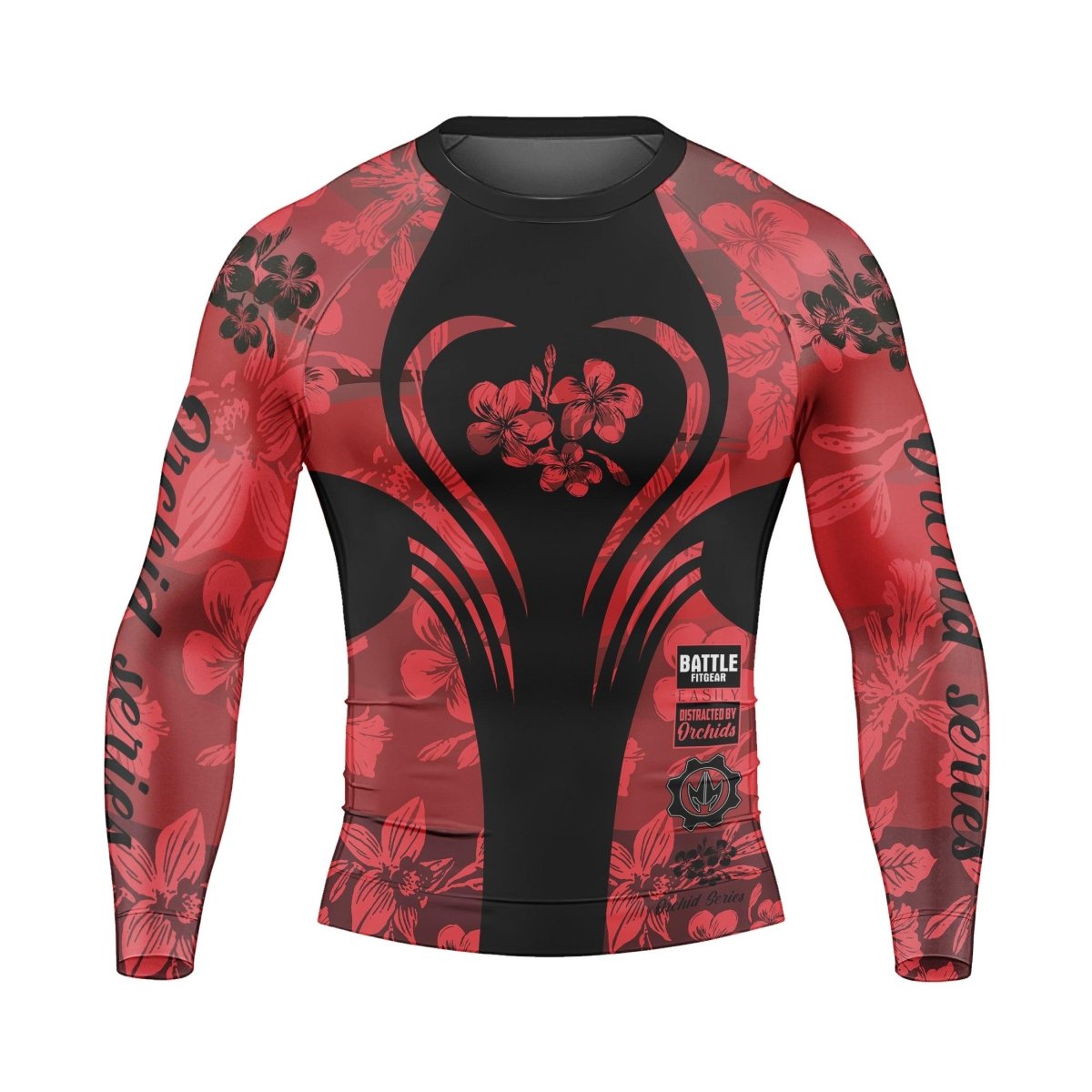 Orchid Series Floral Red Heart Pattern Men's Long Sleeve Rash Guard - BattleFitGear