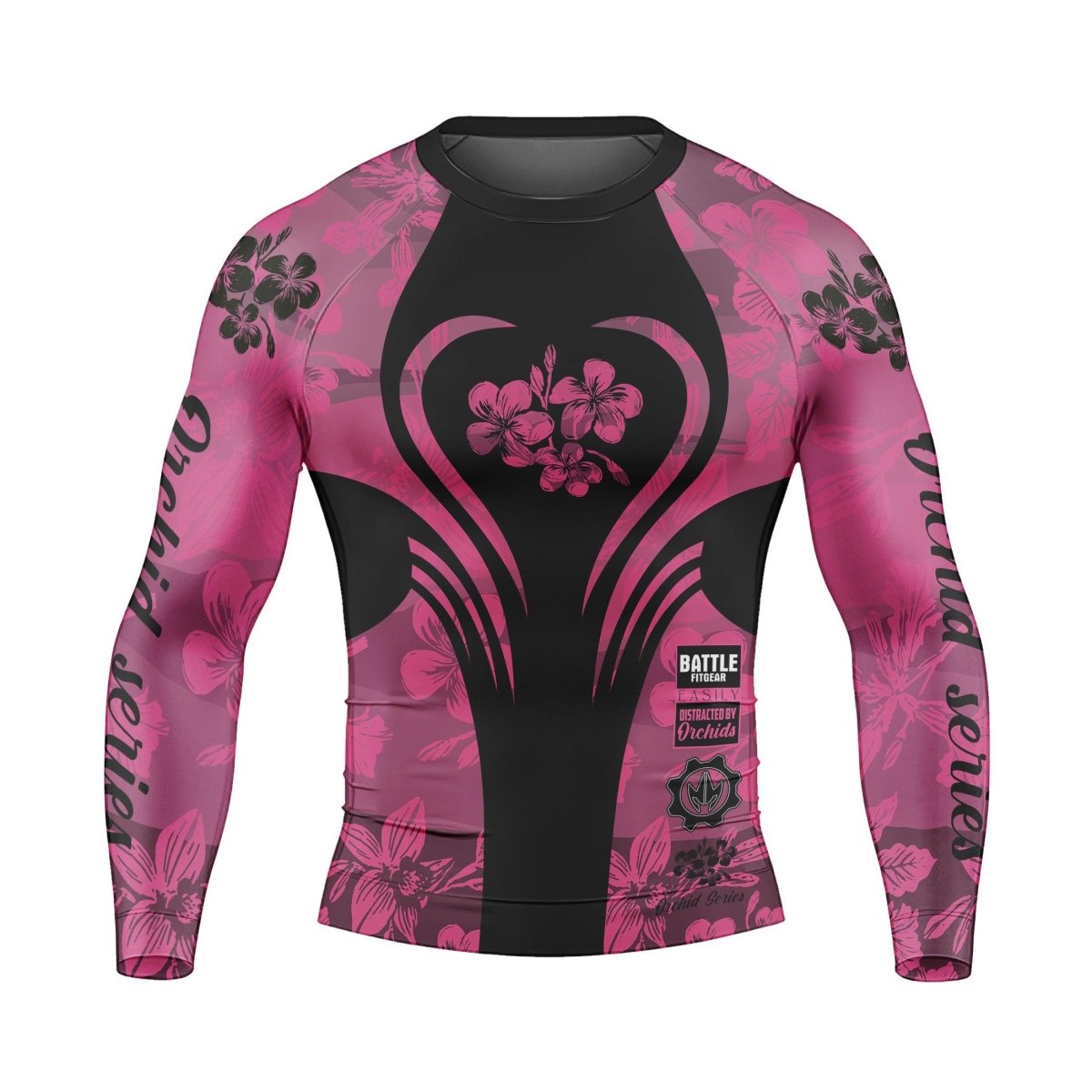 Orchid Series Floral Pink Heart Pattern Men's Long Sleeve Rash Guard - BattleFitGear