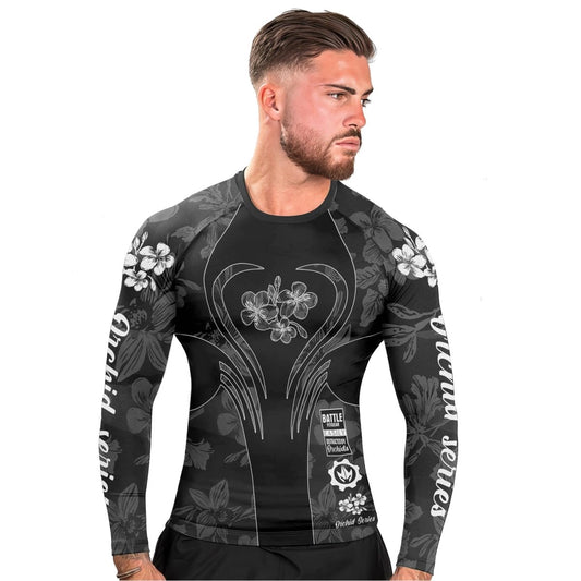 Orchid Series Floral Black Heart Pattern Men's Long Sleeve Rash Guard - BattleFitGear