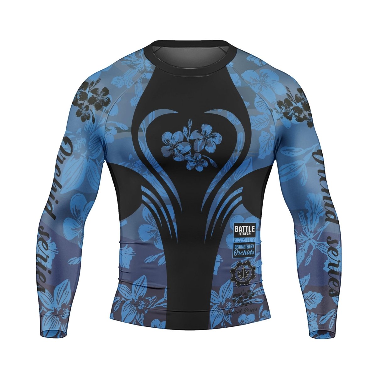 Orchid Series Floral Blue Heart Pattern Men's Long Sleeve Rash Guard - BattleFitGear