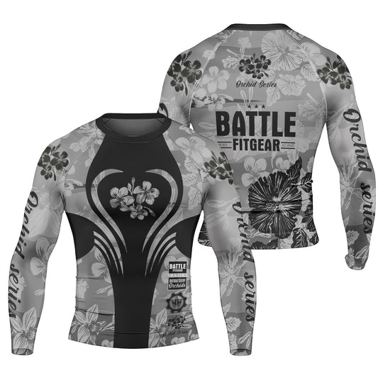 Orchid Series Floral Grey Heart Pattern Men's Long Sleeve Rash Guard - BattleFitGear