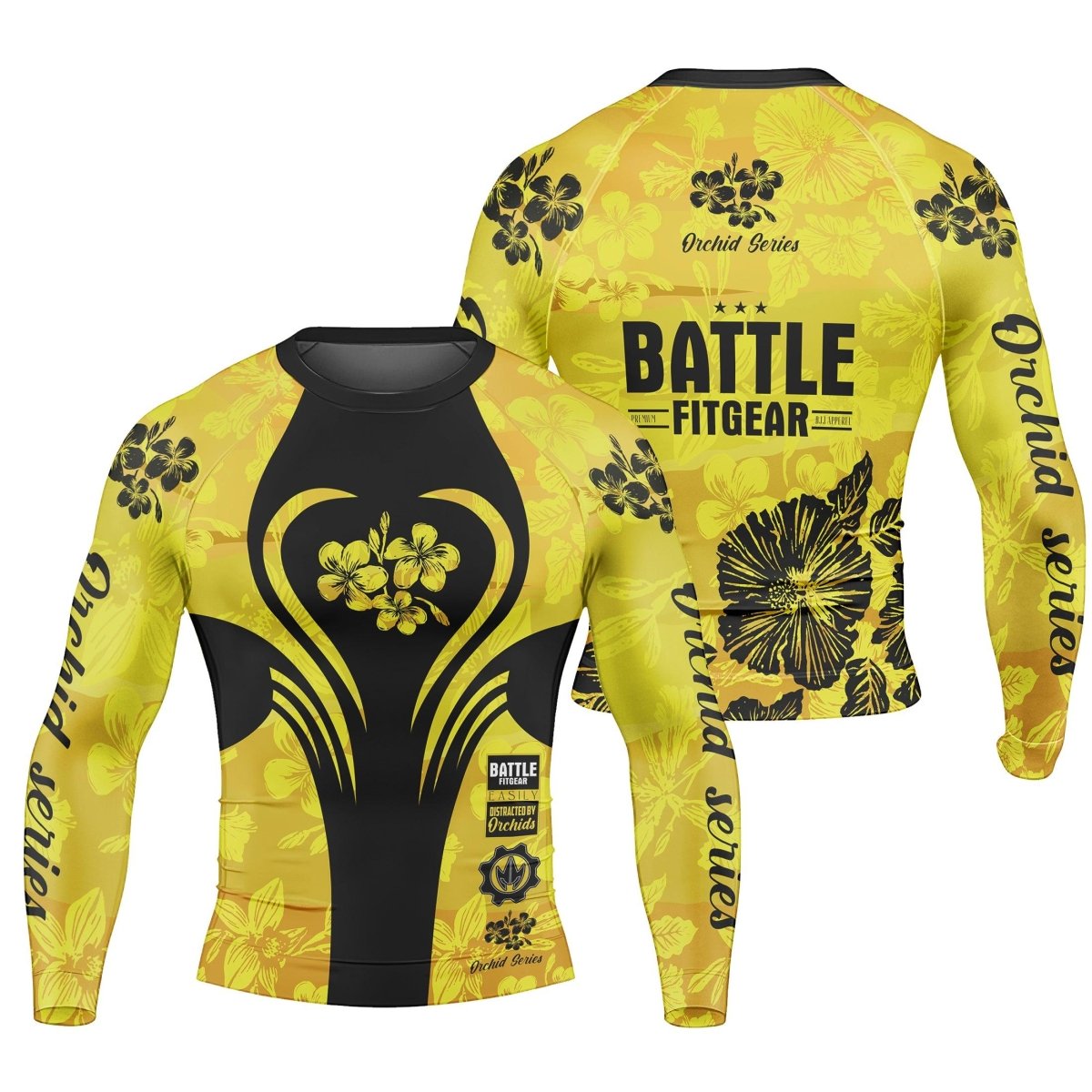 Orchid Series Floral Yellow Heart Pattern Men's Long Sleeve Rash Guard - BattleFitGear