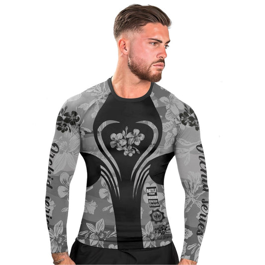 Orchid Series Floral Grey Heart Pattern Men's Long Sleeve Rash Guard - BattleFitGear