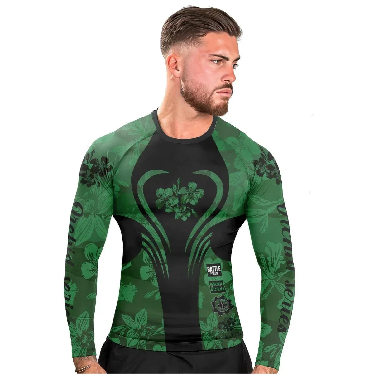 Pattern Rash Guard Orchid Series Floral Green Heart Pattern Men's Long Sleeve Rash Guard