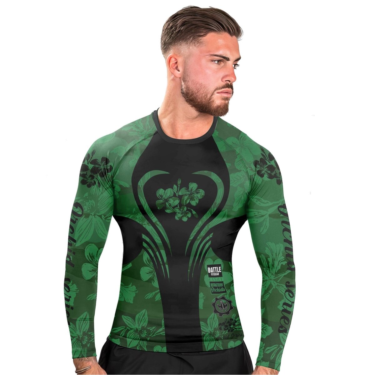 Orchid Series Floral Green Heart Pattern Men's Long Sleeve Rash Guard - BattleFitGear