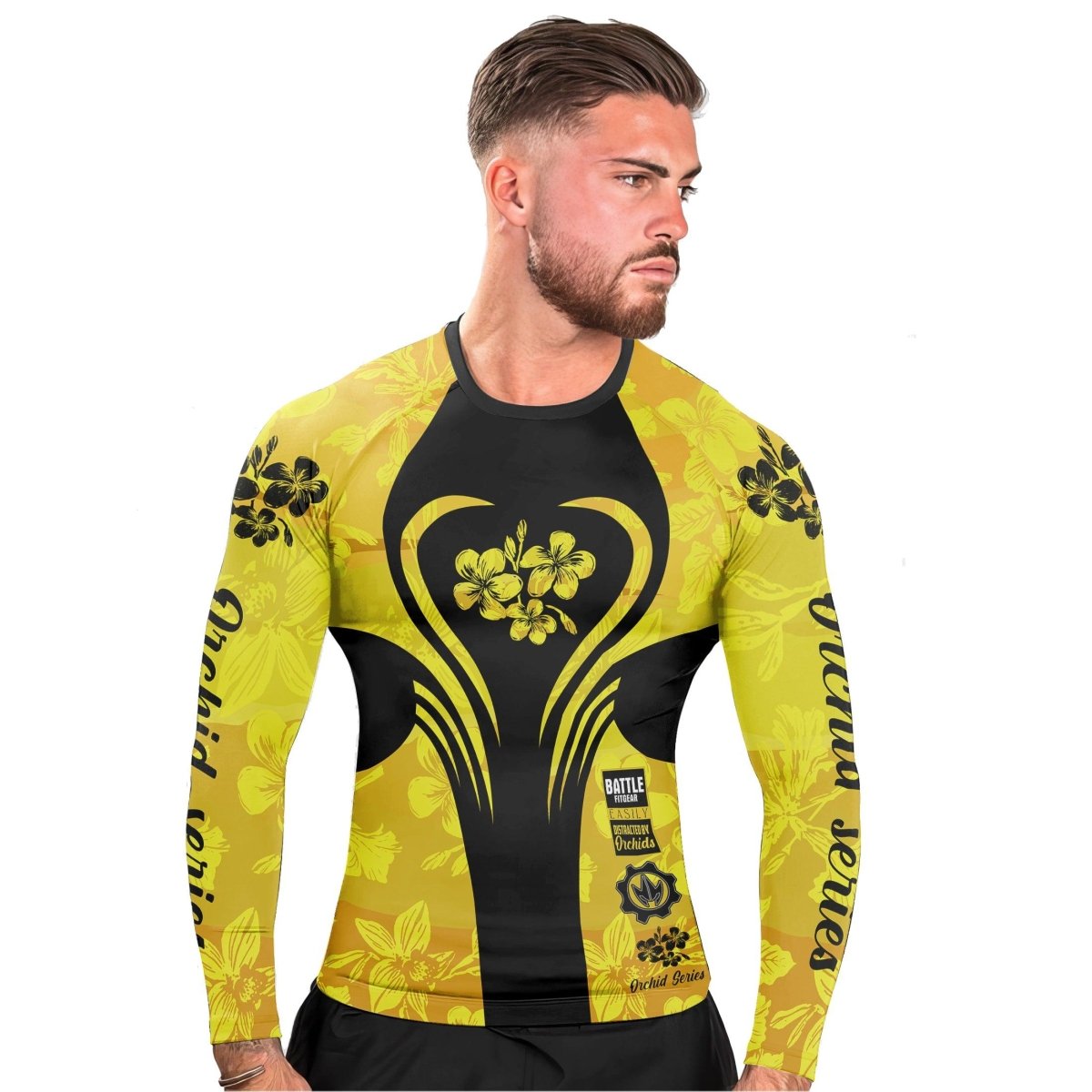 Orchid Series Floral Yellow Heart Pattern Men's Long Sleeve Rash Guard - BattleFitGear