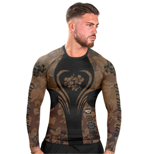 Orchid Series Floral Brown Heart Pattern Men's Long Sleeve Rash Guard - BattleFitGear