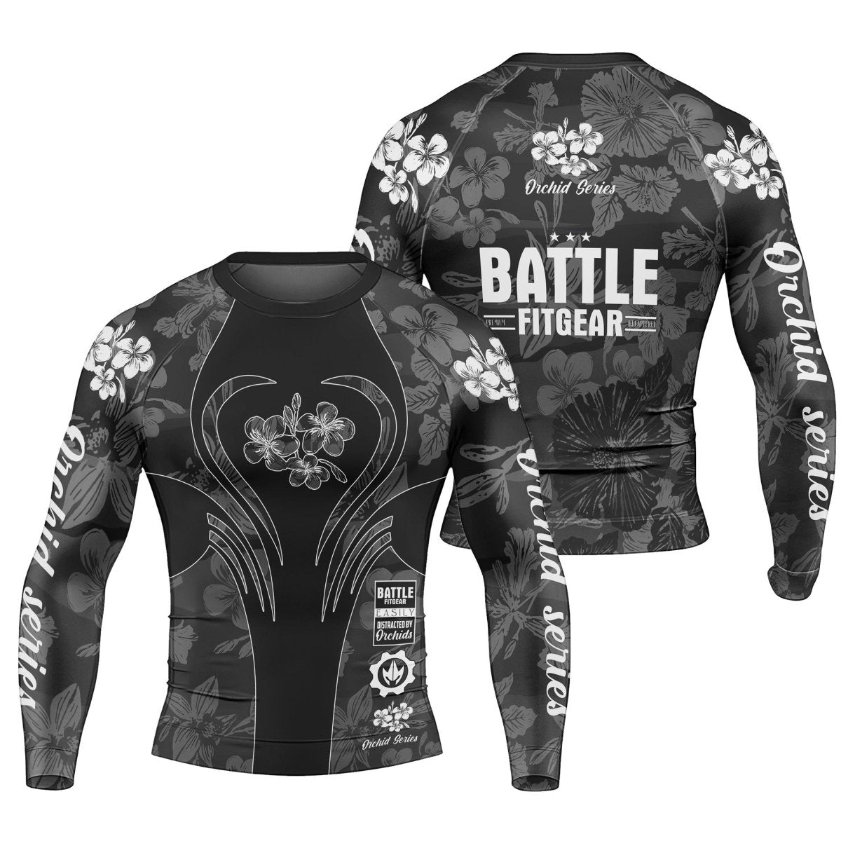 Orchid Series Floral Black Heart Pattern Men's Long Sleeve Rash Guard - BattleFitGear