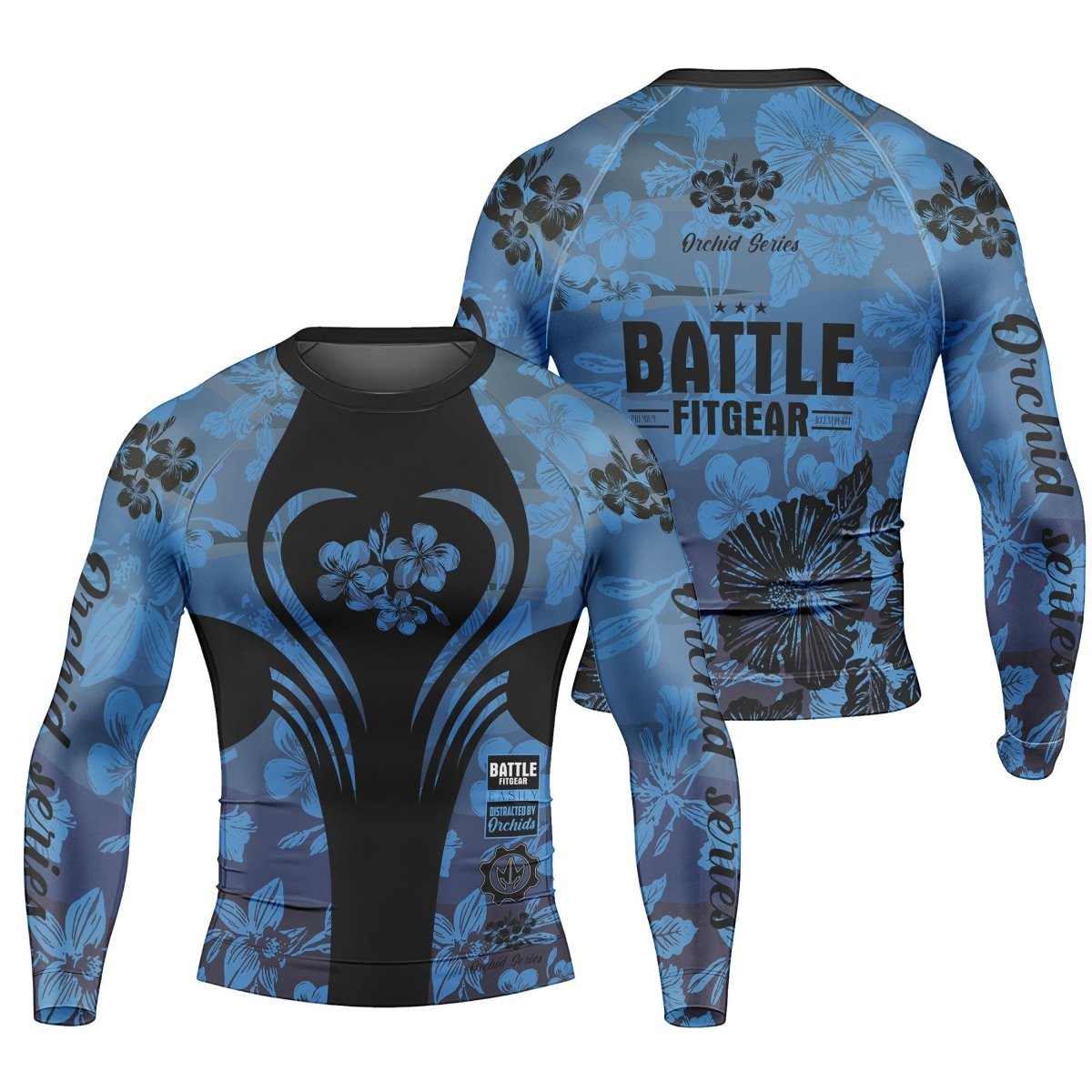 Orchid Series Floral Blue Heart Pattern Men's Long Sleeve Rash Guard - BattleFitGear