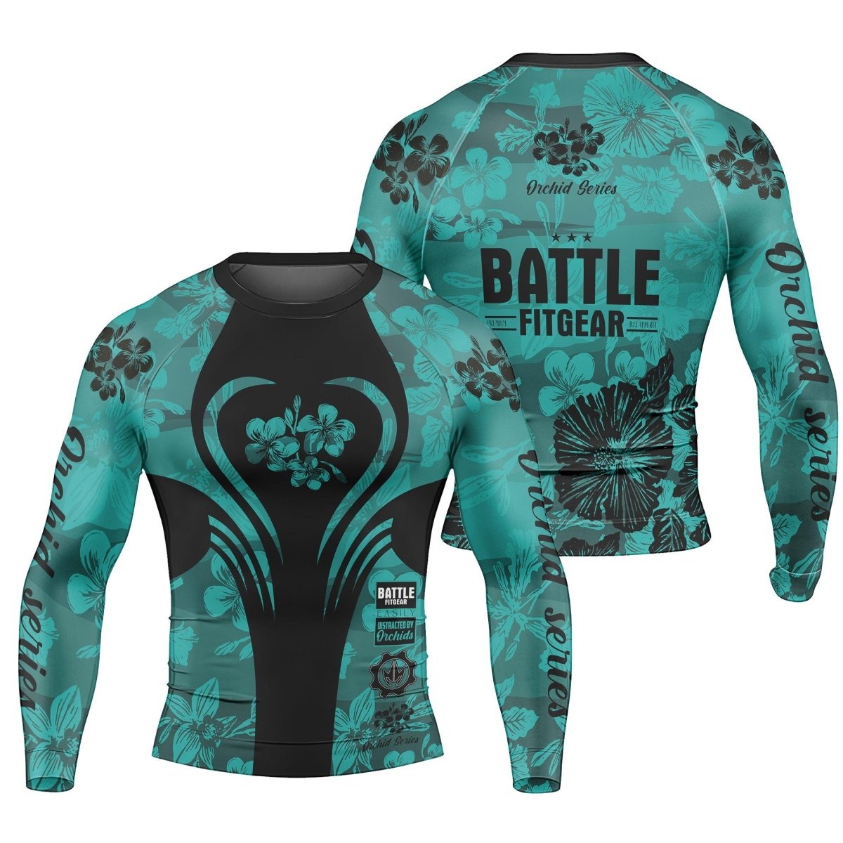 Orchid Series Teal Heart Pattern Men's Long Sleeve Rash Guard - BattleFitGear