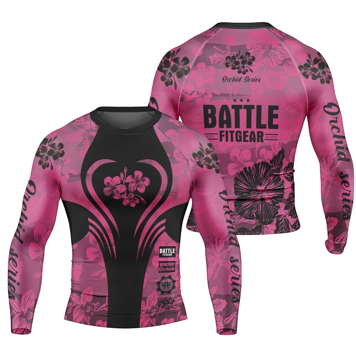 Orchid Series Floral Pink Heart Pattern Men's Long Sleeve Rash Guard - BattleFitGear