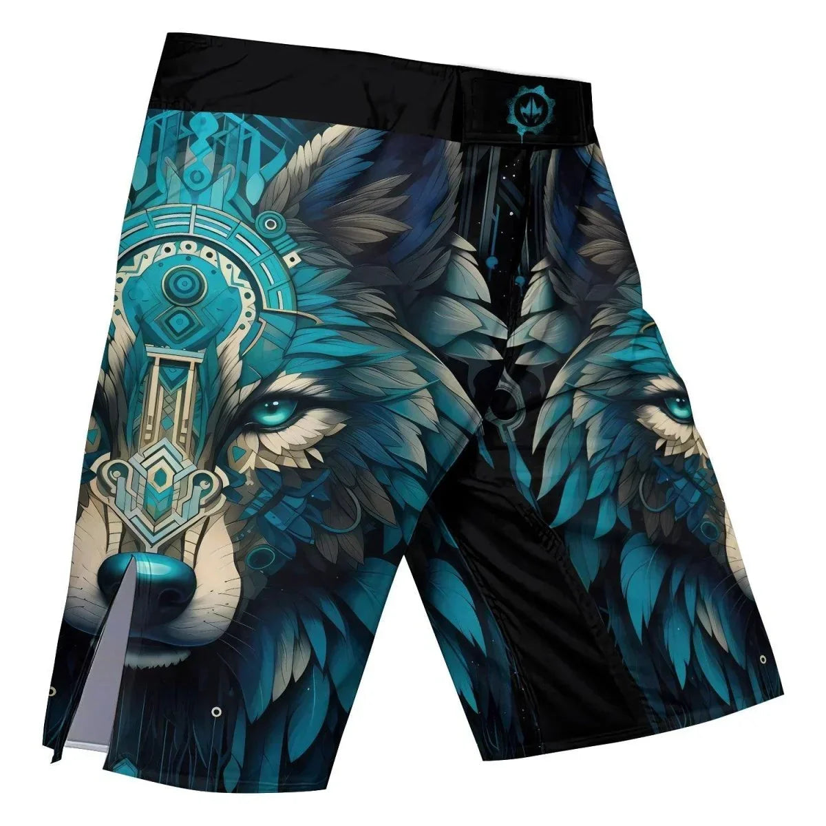 WOLF トライバル柄 ブラックファイトショーツ Wolf Tribal Fight Shorts | Wolf Muay Thai Shorts | Wolf Workout Shorts
