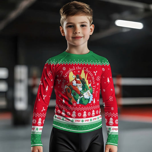 Santa Rolling Around Christmas Kids Rash Guard - BattleFitGear