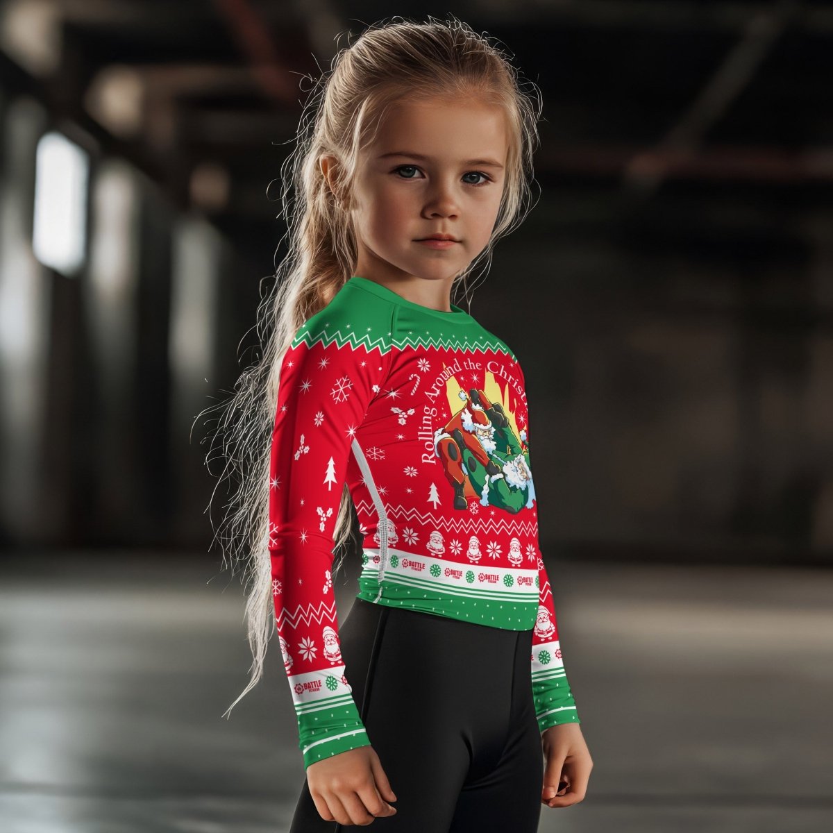 Santa Rolling Around Christmas Kids Rash Guard - BattleFitGear