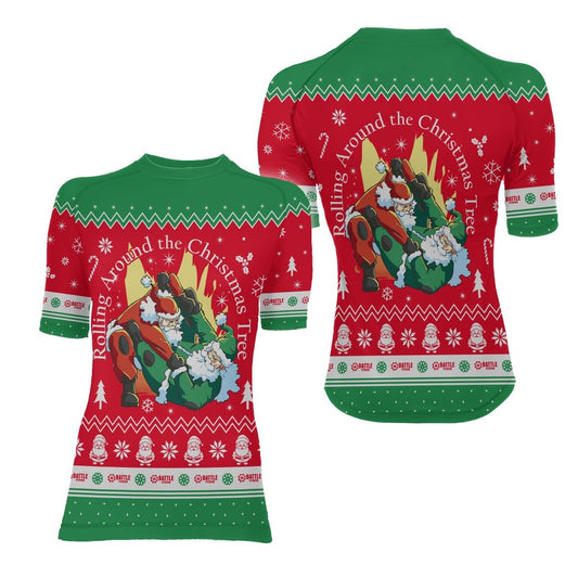 Santa Rolling Around Christmas Women's Short Sleeve Rash Guard - BattleFitGear