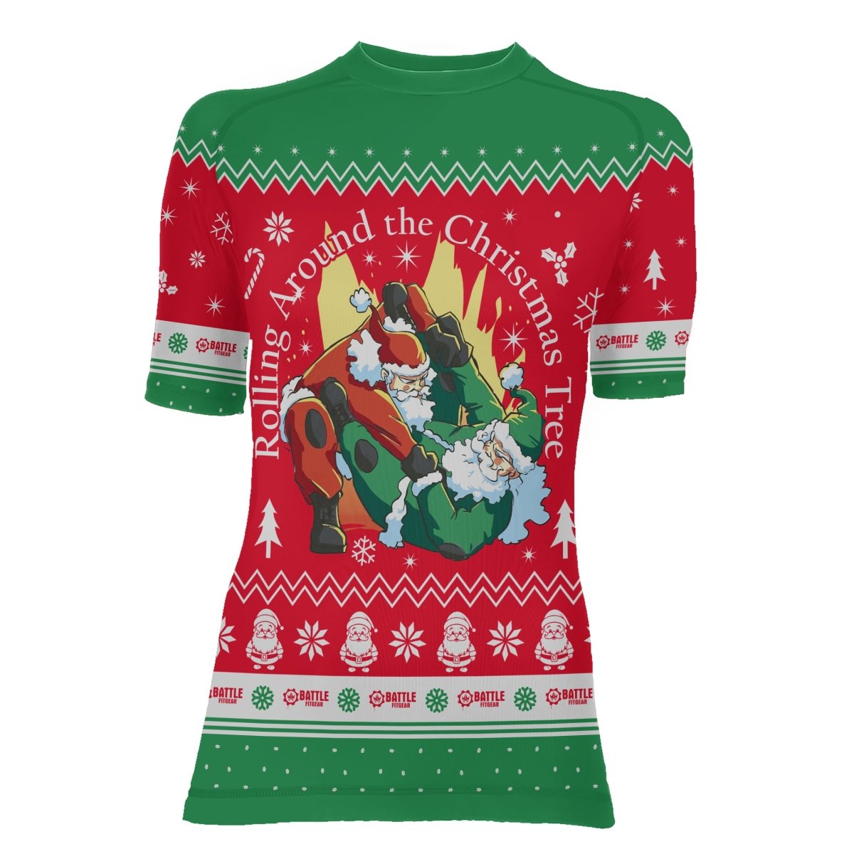 Santa Rolling Around Christmas Women's Short Sleeve Rash Guard - BattleFitGear