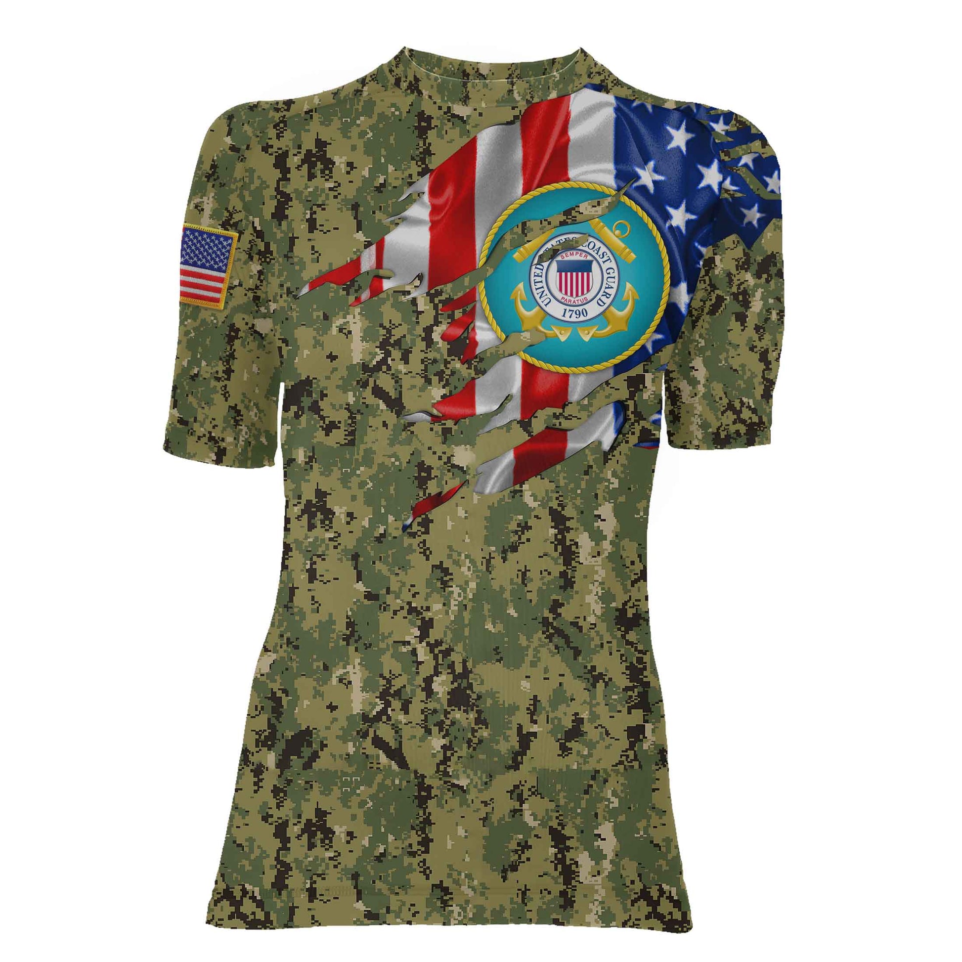 US Coast Guard American Flag Camo Women's Short Sleeve Rash Guard