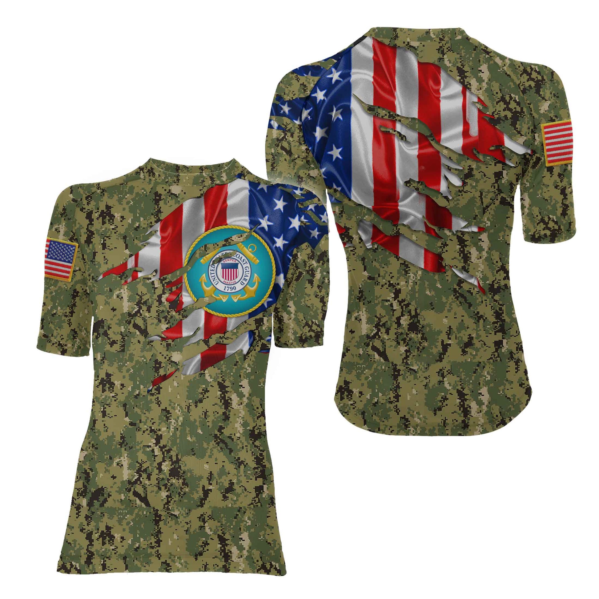 US Coast Guard American Flag Camo Women's Short Sleeve Rash Guard
