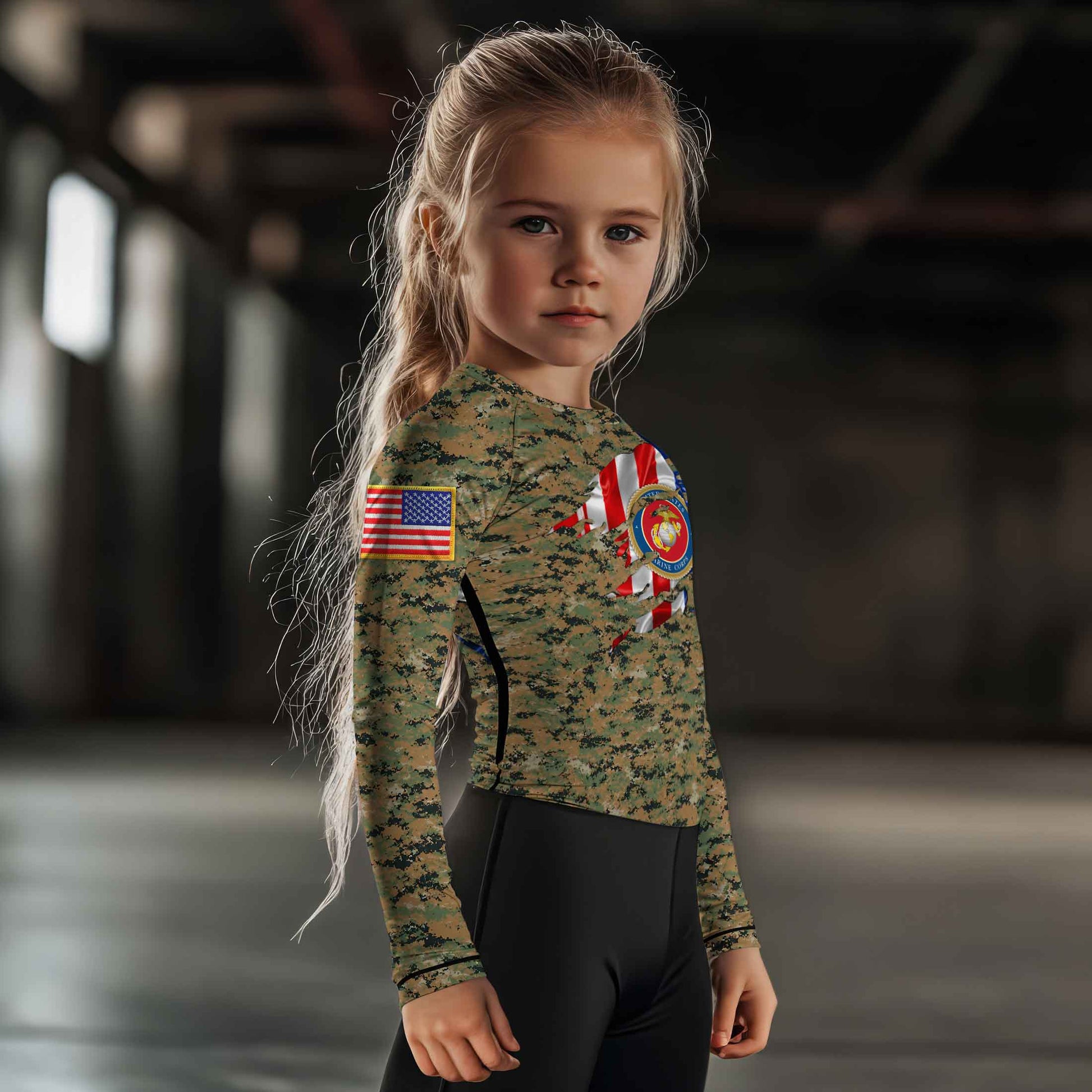 US Marine American Flag Camo Kids Rash Guard