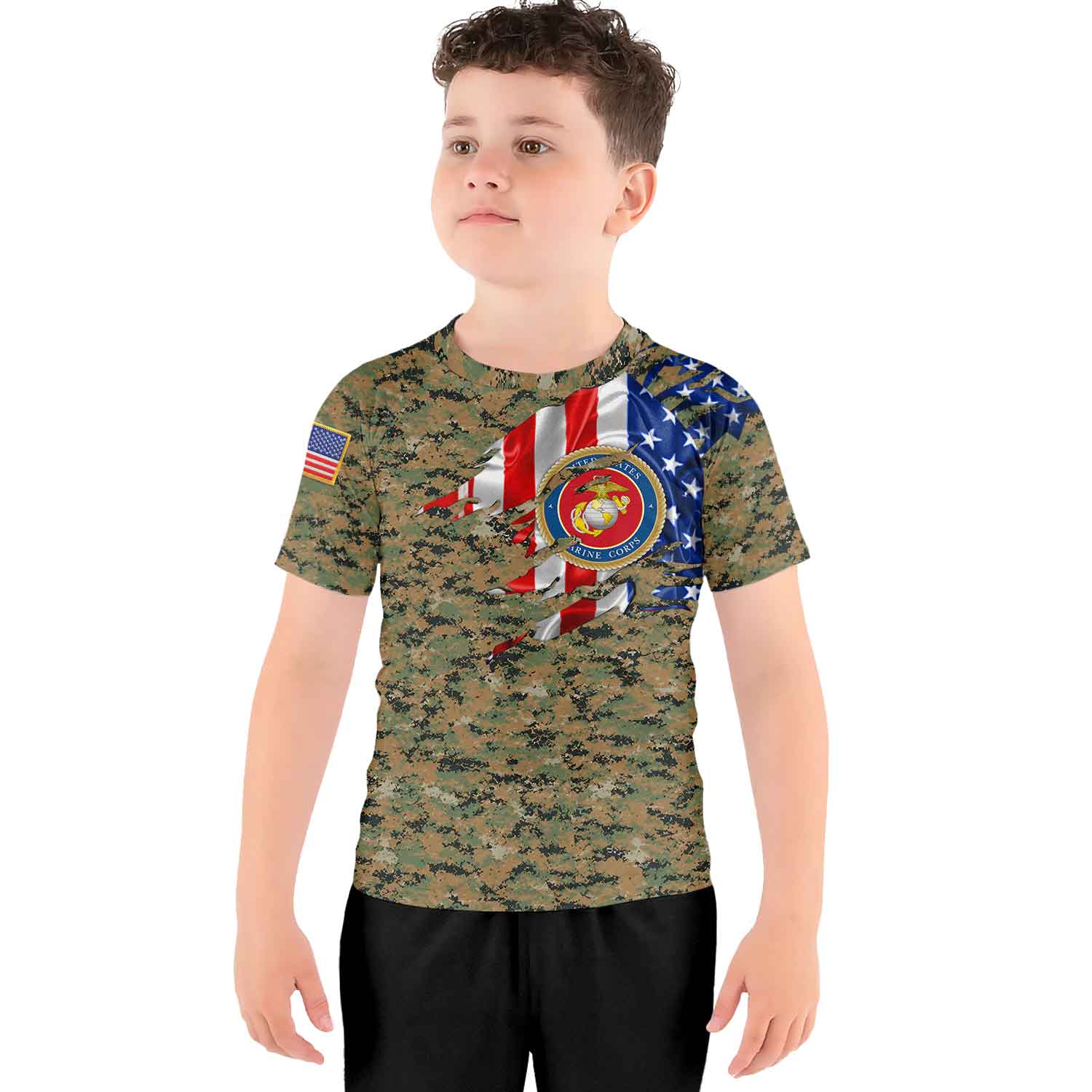 US Marine American Flag Camo Kids Rash Guard