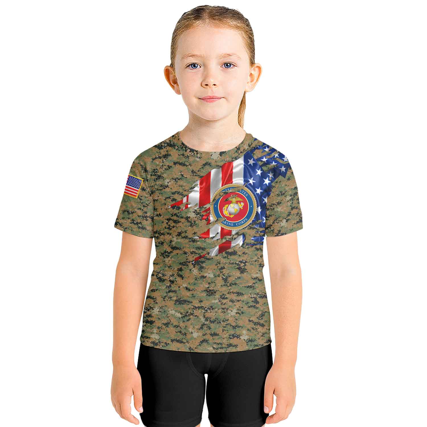 US Marine American Flag Camo Kids Rash Guard