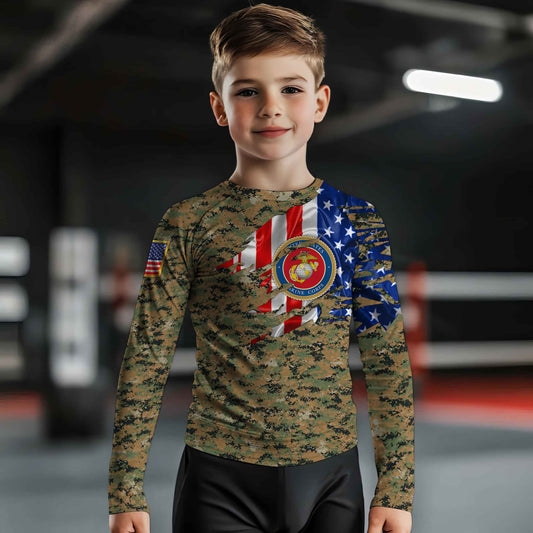 US Marine American Flag Camo Kids Rash Guard