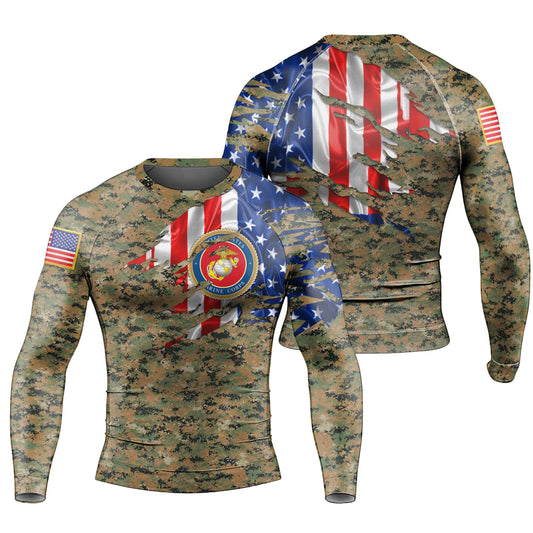 US Marine American Flag Camo Men's Long Sleeve Rash Guard