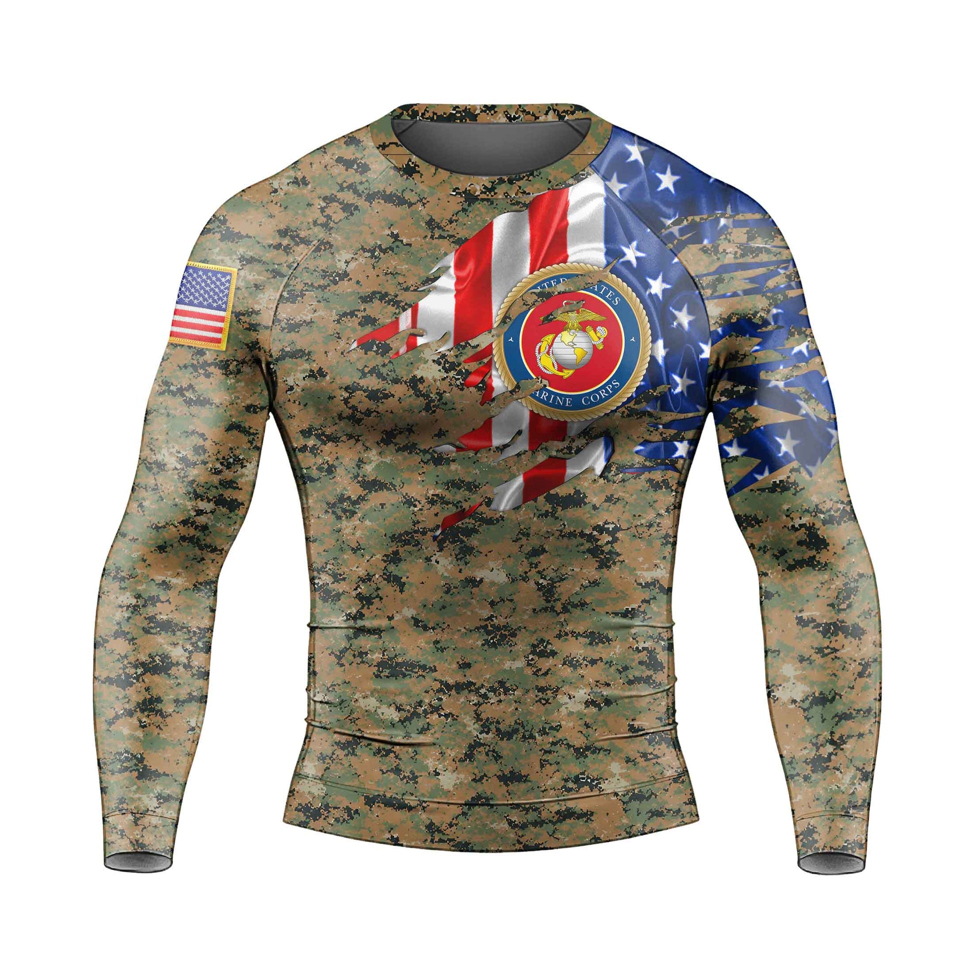 US Marine American Flag Camo Men's Long Sleeve Rash Guard