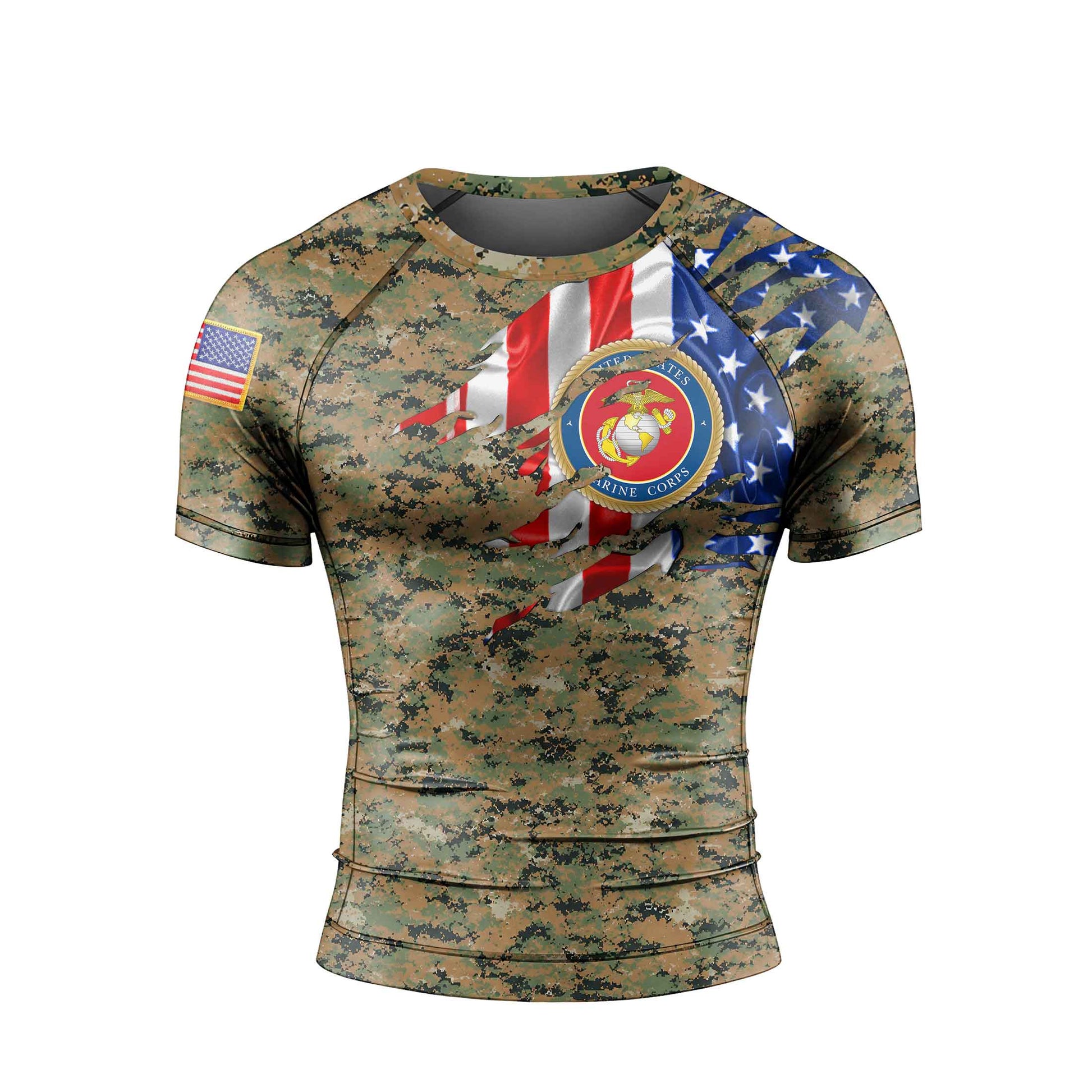 US Marine American Flag Camo Men's Short Sleeve Rash Guard
